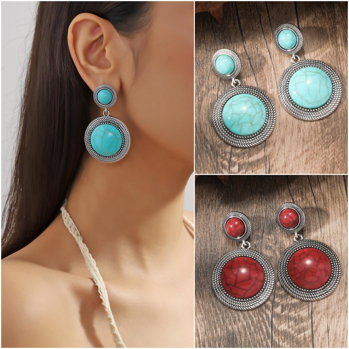 New European and American bohemian Retro ethnic style turquoise earrings female fashion temperament round earrings wholesale