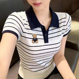 韩国东大门女装高货刺绣小熊Polo领短袖针织衫减龄洋气撞色条纹显