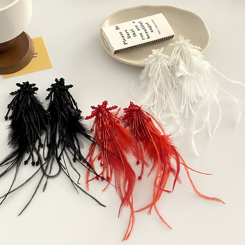 婚禮旅遊度假百搭重工鴕鳥毛耳環仙氣羽毛氣質波西米亞銀針耳飾女