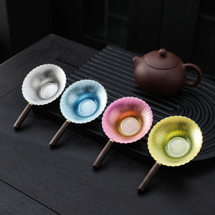 Solid Wood Handle Titanium Tea Strainer Lotus Leaf Filter with Thousands of Holes Ultra-Fine Tea Leaves Kung Fu Creative Tea Set Tea Accessories