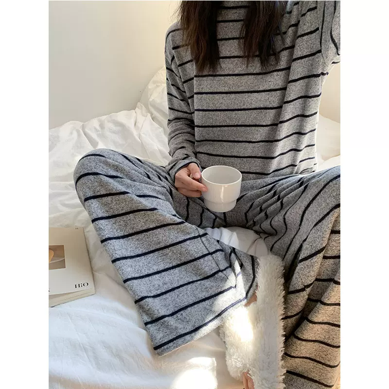 秋冬季磨毛睡衣女长袖灰色条纹休闲保暖简约日系两件套春秋家居服