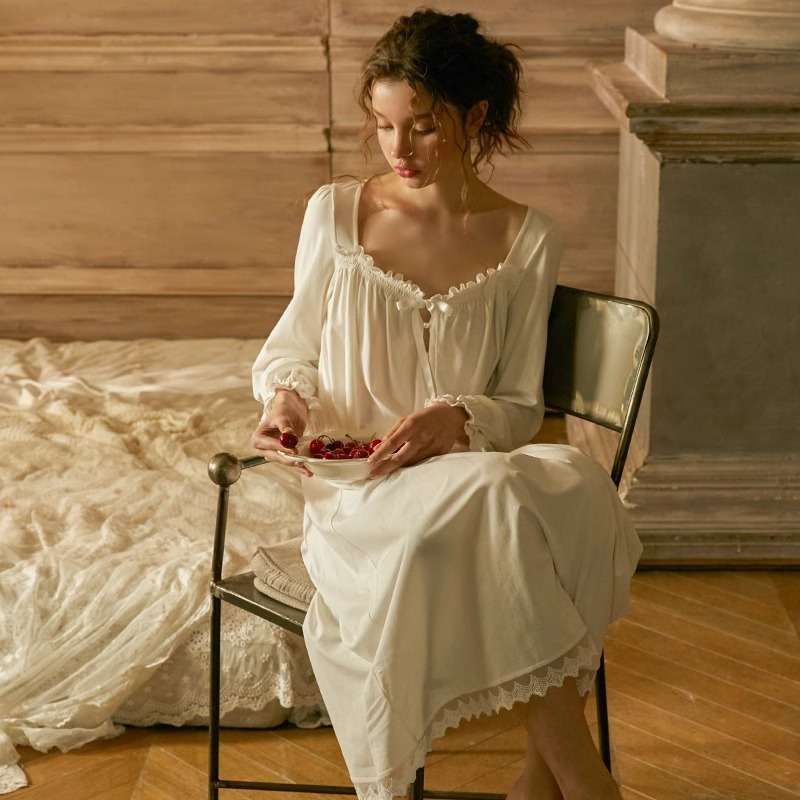 Women's Long Sleeve French Style plus size Cotton Princess Style Spring and Autumn Sexy Vintage Home Clothes Pajamas Solid Color