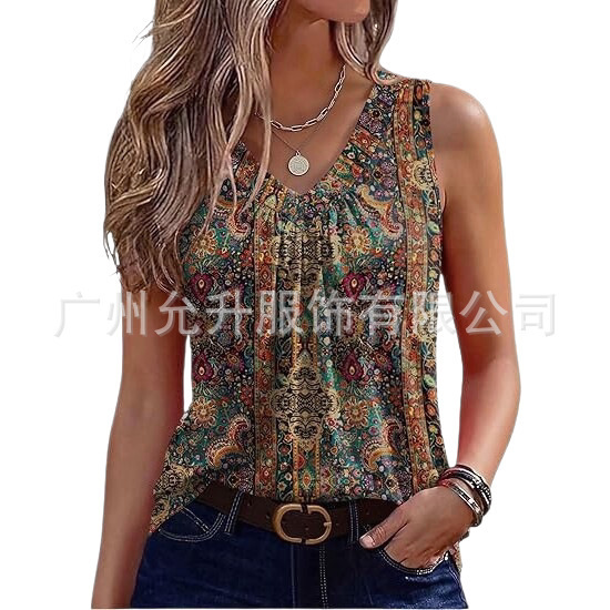 2026 Amazon Cross-Border New Style Loose Casual Short-Sleeved Women's V-Neck Bohemian Sleeveless Top Summer Women's Clothing