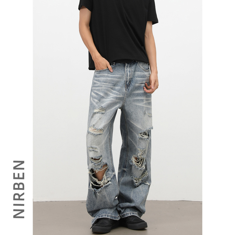 Nirben Denim | American Retro Ripped Jeans for Men, Loose Straight-Leg High Street Fashion Casual Pants, Trendy Brand.