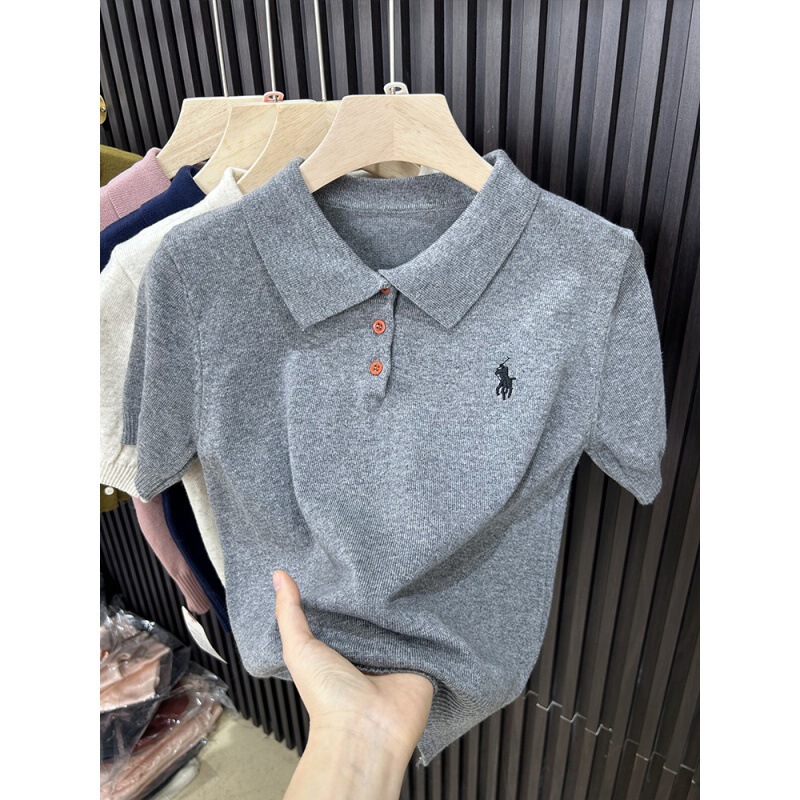 College-style Solid Color POLO Collar Knitted T-shirt Women's Short-sleeved Summer New Fashion Embroidered Base Thin Top College-style Solid Color POLO Collar Knitted T-shirt Women's Short-sleeved Summer New Fashion Embroidered Base Thin Top