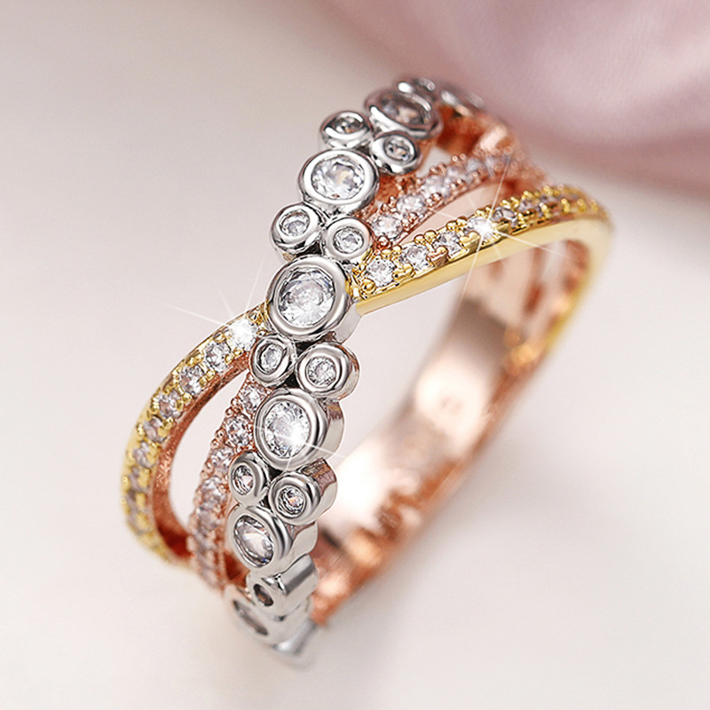 Cao Shi Electroplated Tri Color Cross X-shaped Ring for Women's Micro Set Zircon Light Luxury Handwear New Style_voghion.com