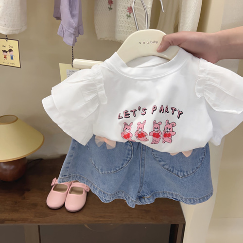 Girls Summer Clothes  New Korean Children's Cartoon Versatile Cotton Small Flying Sleeve Tops Fashionable Denim Shorts Trendy
