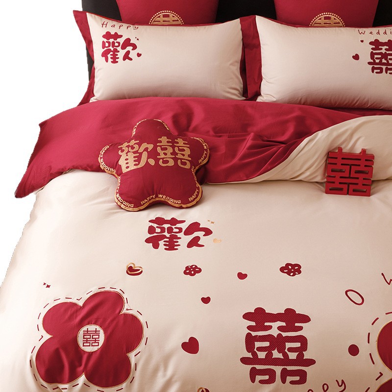 Chinas de alta gama algodón Jacquard cama de boda cuatro piezas de algodón sábanas rojas cubierta sábanas de boda