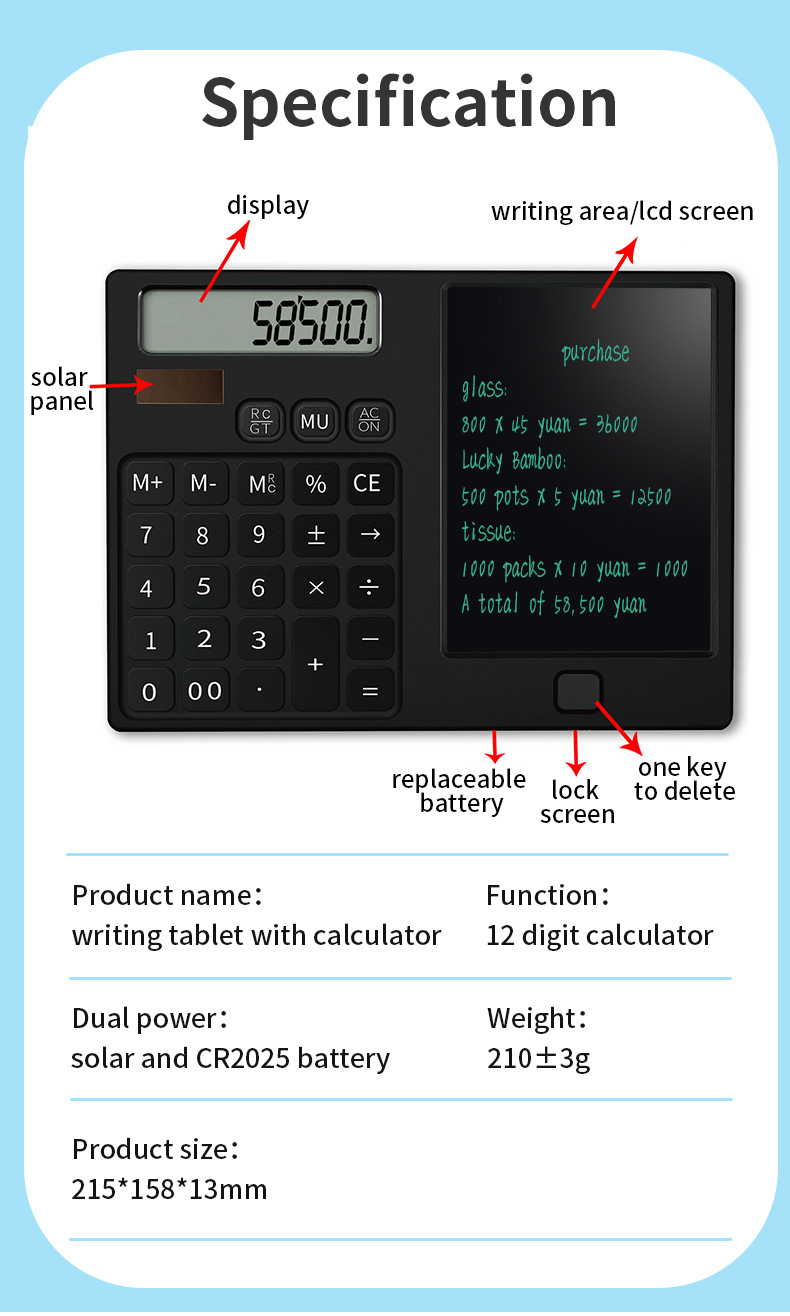 计算器手写板 财务会计学生科学计算器跨境爆款12位 写字板计算器详情18