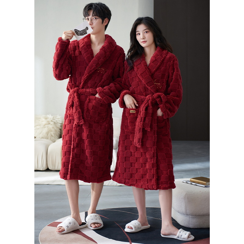 Pareja camisón de invierno de las mujeres de coral de lana engrosada forrado de lana más tamaño suelto rojo boda casual hombres Albornoz
