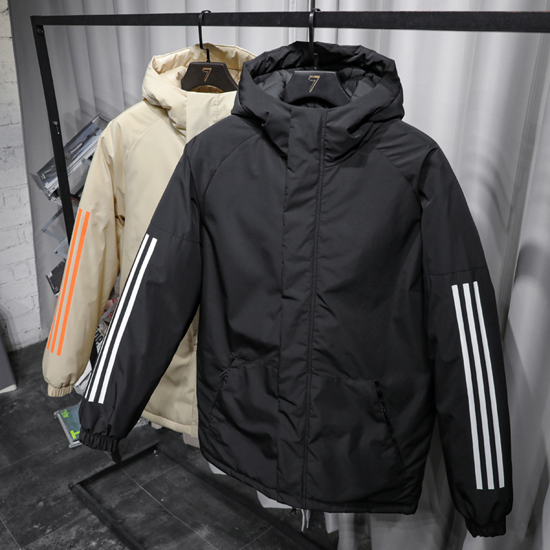 Invierno transfronterizo de tres barras de algodón casual encapuchado hombre y mujer deportivos de algodón de plumón grueso chaqueta cálida coreana para hombres