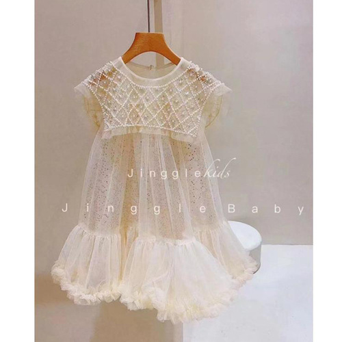Girls' Summer Dress Children French Lace Beaded Pearl Sparkling Large Collar Birthday Tutu Dress Princess Dress