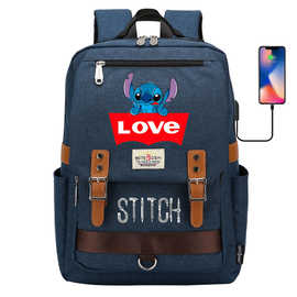 日漫卡通史迪奇印花青少年学生书包男女休闲皮带扣USB双肩背包