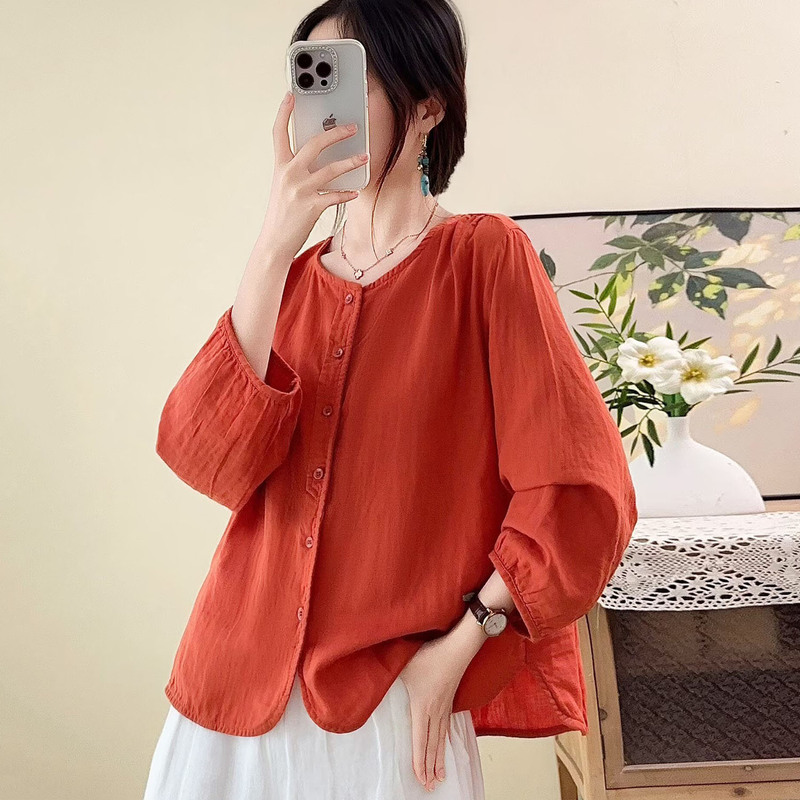2026 Autumn New Double Layer Gauze Cotton Round Neck Shirt for Women, Loose Artistic Simple Cardigan Versatile Casual Shirt 2026 Autumn New Double Layer Gauze Cotton Round Neck Shirt for Women, Loose Artistic Simple Cardigan Versatile Casual Shirt