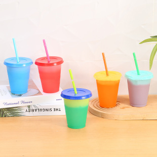 2025 Colorful Simple Plastic Cup Temperature-Sensitive Color-Changing Cup 475ml Color-Changing Cup When Exposed to Cold Single-Layer Pp Material Straw Cup
