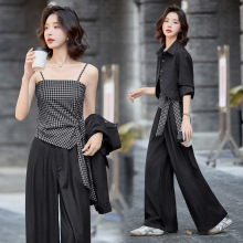 时尚套装女2025秋装新款气质优雅韩版洋气衬衣格子吊带三件套潮流