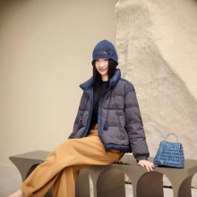 冬季美式复古个性潮流蓝色格子印花保暖宽松女款高领撞色羽绒服女