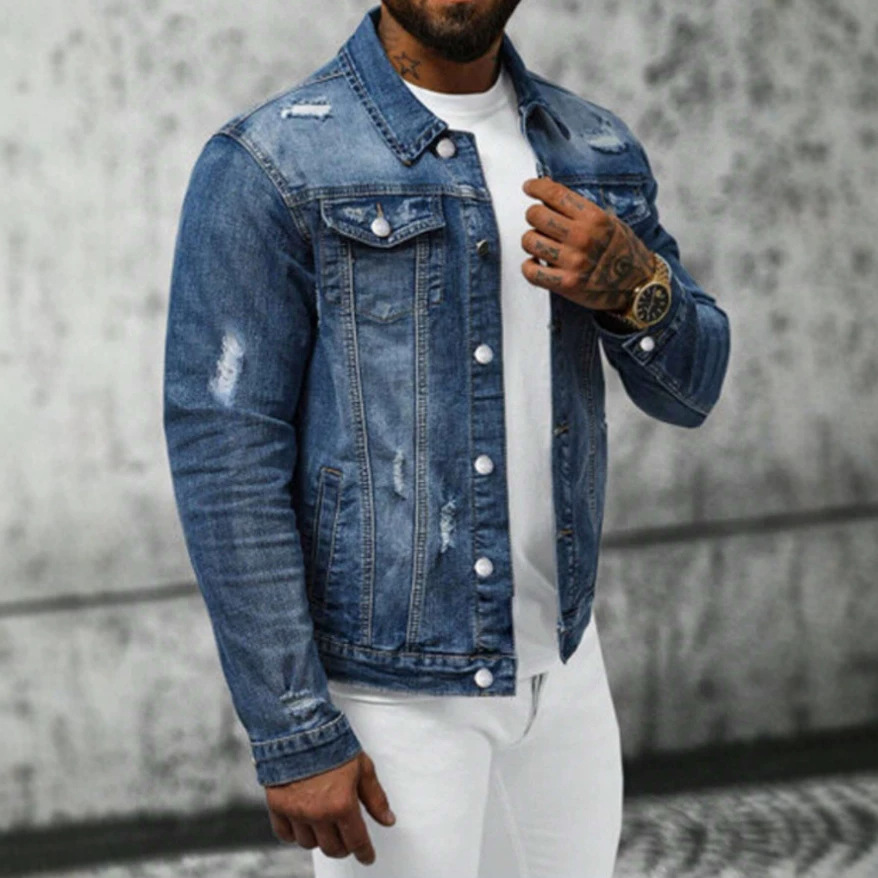 Veste en jean slim pour homme, idéale pour le printemps, en polyester légèrement extensible._voghion.com