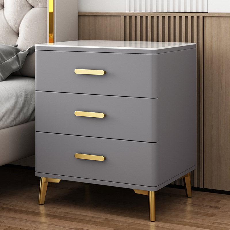 Mesita de noche con tres cajones de madera maciza, tablero de roca, estilo moderno y sencillo, gabinete elevado de tres niveles, gabinete de almacenamiento para dormitorio principal, acabado lacado.