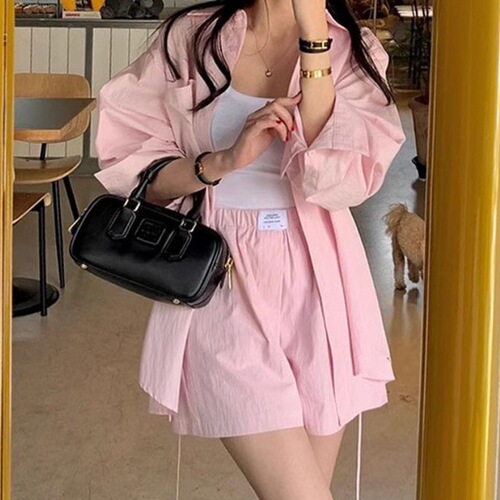 Korean-style summer sweet youthful loose-fitting top with tie detail, long-sleeved shirt, high-waisted wide-leg pants and shorts set