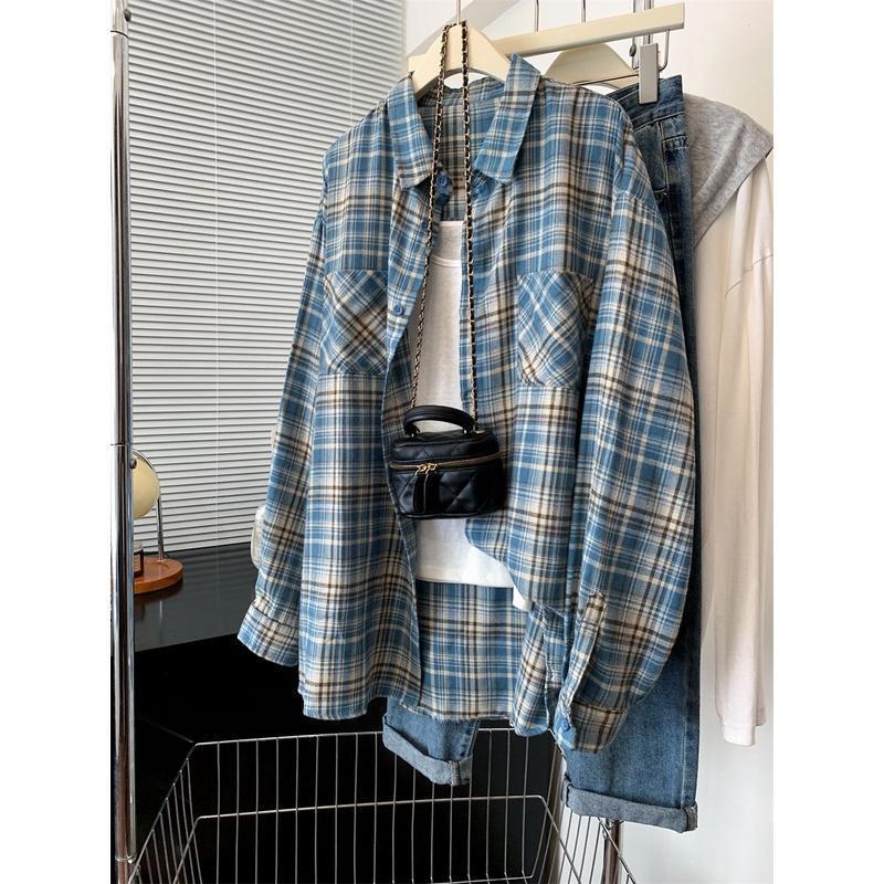 Blue Plaid Sunscreen Long Sleeve Shirt Women's 2024 Early Autumn New Thin Shirt French Top Thin Coat