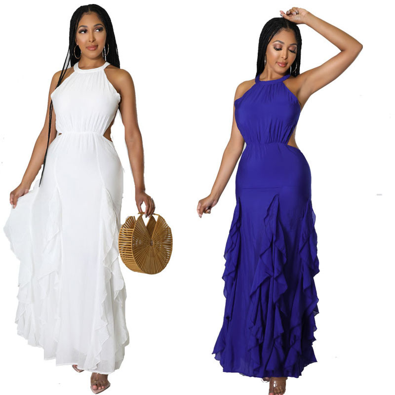 L053 color sólido vestido europeo y americano color sólido moda temperamento viajero irregular falda cuello redondo ropa de mujer