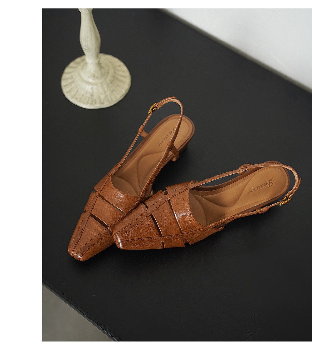 Sandal nữ da cừu gót thô quai ngang phong cách La Mã hở gót — đen chi tiết 14