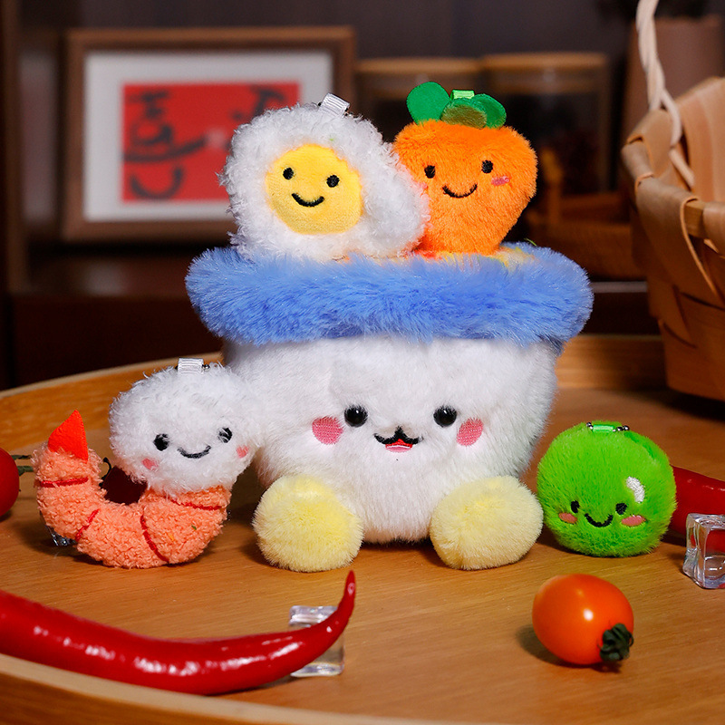 Nuevo arroz frito con huevo gourmet de simulación, tazón de arroz, juguetes de peluche, adornos, colgantes, gambas creativas, guisantes, refrigerador, regalo