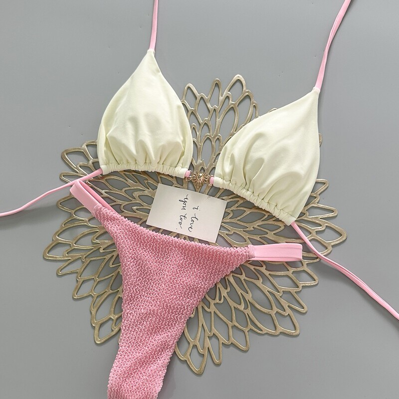 2026 New Foreign Trade Style Pink and White Color-Blocking Bikini with Tie Straps, Youthful Style Swimwear, Pure Desire Thong, Vacation Bikini