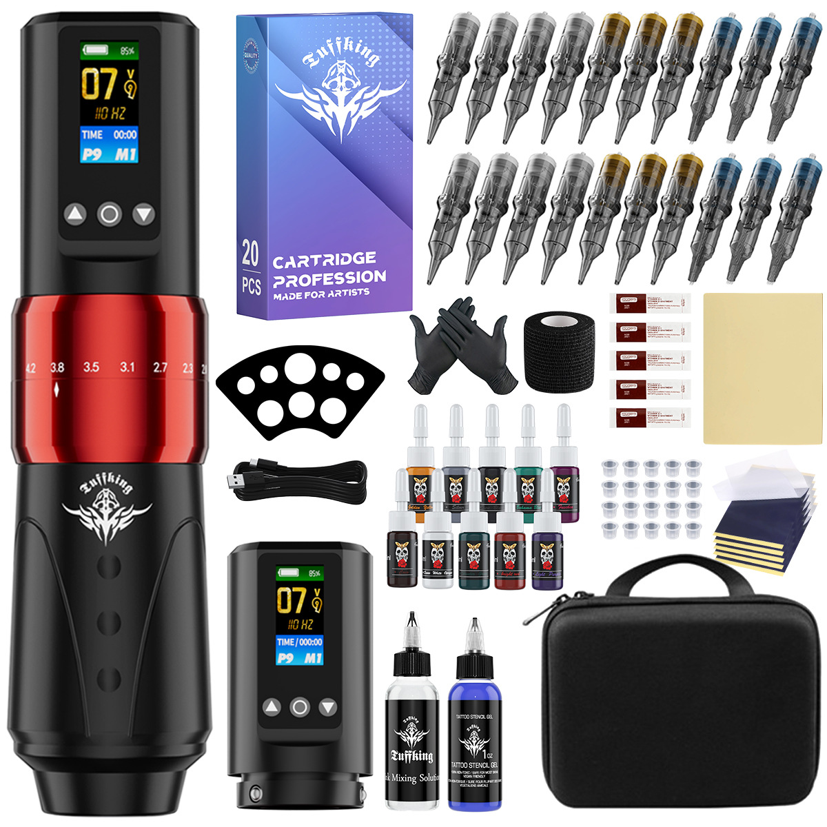 Máquina de tatuaje inalámbrica de batería dual de carrera ajustable para principiantes, juego de lápiz de tatuaje de pantalla, herramienta de tatuaje de niebla de línea cortada