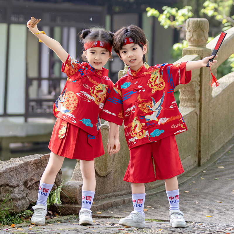 男女童新中式古装国风唐装学生短袖套装夏季宝宝改良学校演出服装