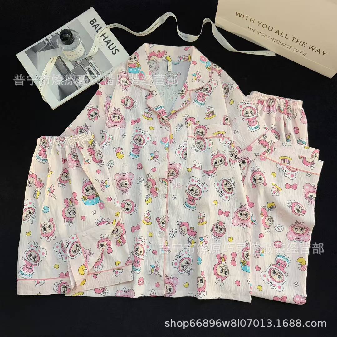 Hermosos pijamas de tela de rabu mujeres primavera y otoño verano nubes de algodón dulce mangas cortas pantalones cortos de tres piezas ropa para el hogar