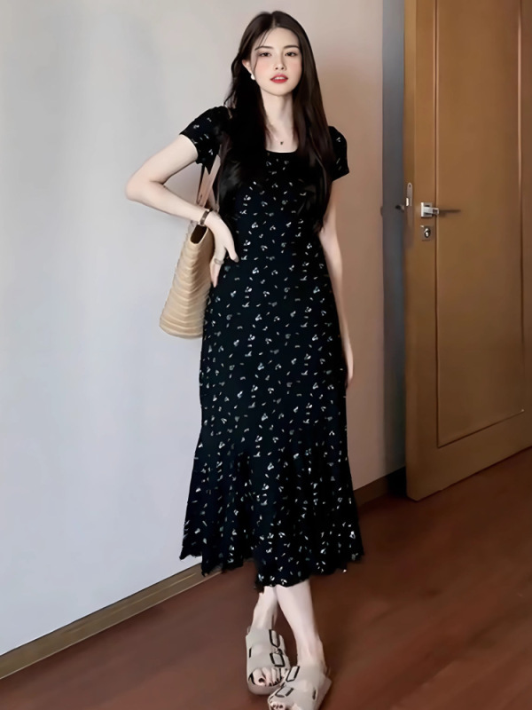 大码法式温柔碎花连衣裙女夏季新款微胖显瘦长裙气质收腰鱼尾裙|undefined