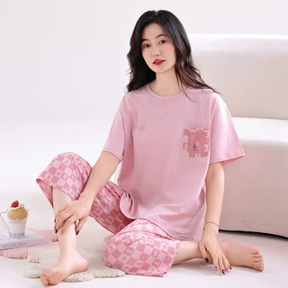 新款睡衣女夏季自带胸垫纯棉短袖七分裤薄款免穿文胸家居服套装