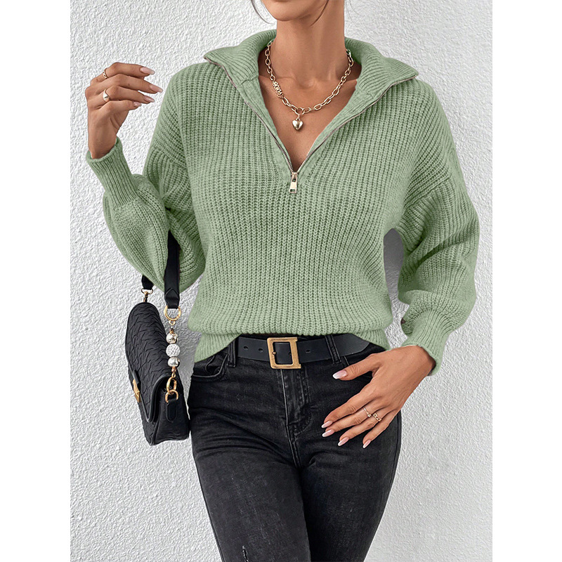 Europa y los Estados Unidos transfronterizos con cremallera suéter de comercio exterior moda de color sólido suéter de manga larga con cremallera de cuello de polo casual suéter mujer