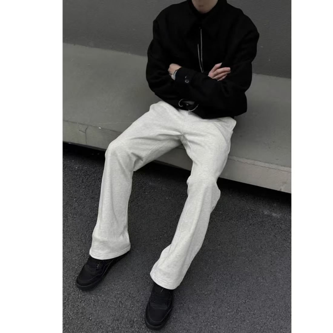 春秋雪花灰微喇卫裤复古男女宽松百搭运动裤纯色休闲长裤喇叭裤子