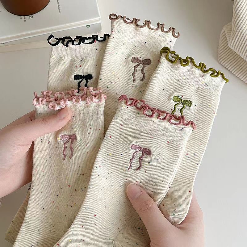 24 Autumn New Socks Korean Cream Embroidered Bow Women's Mid-Autumn Socks Fashionable Ear Piled Socks