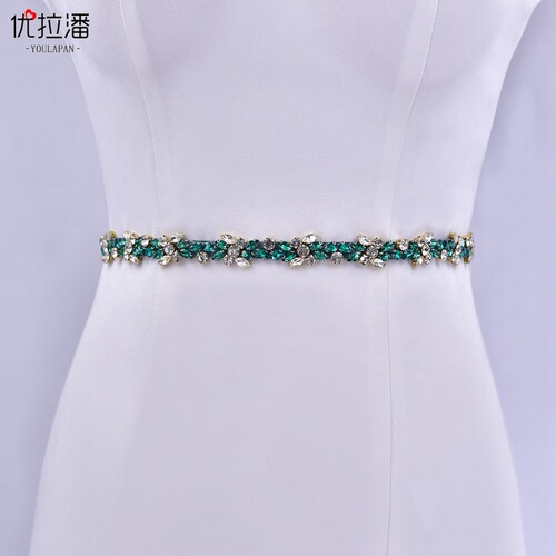Youlapan versatile large windbreaker lace-up rhinestone waist dark green catwalk dress belt Hanfu accessories S437
