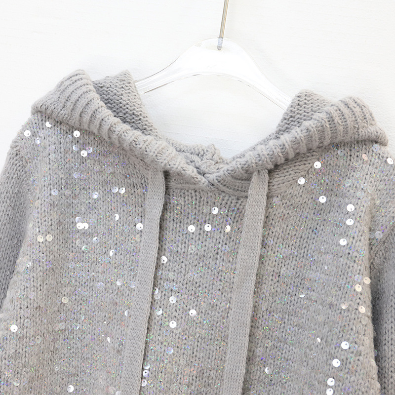 Women's Clothing light luxury sequined hooded sweater autumn and winter high end temperament versatile warm long sleeved knitted sweater women's trend_voghion.com