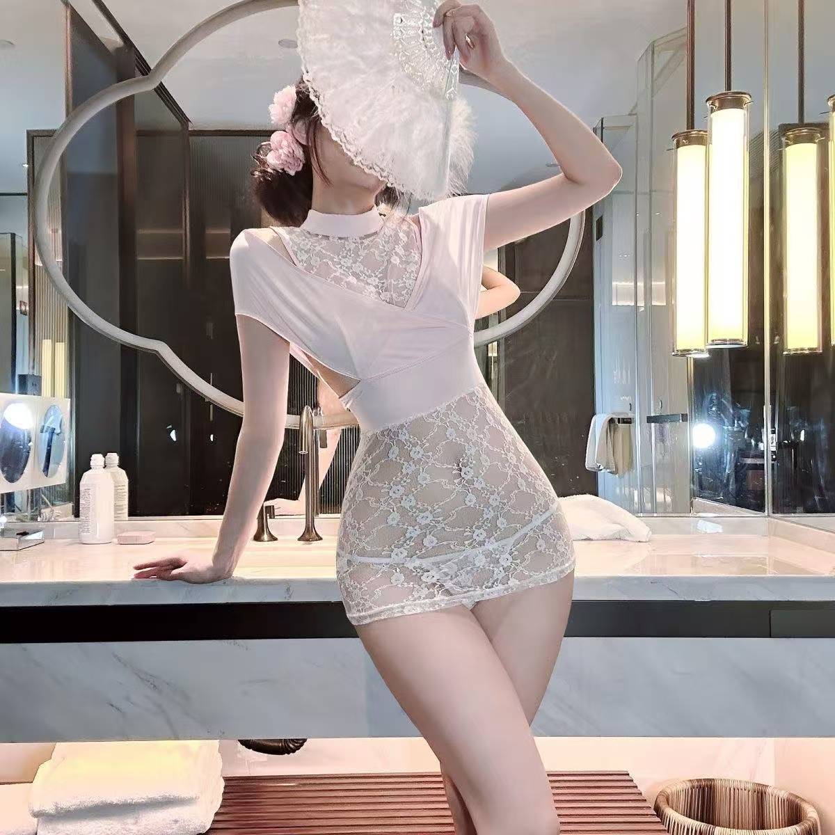 See-Through Lace Cheongsam-Style Lingerie Dress with Stand Collar, One Size — detail image 6