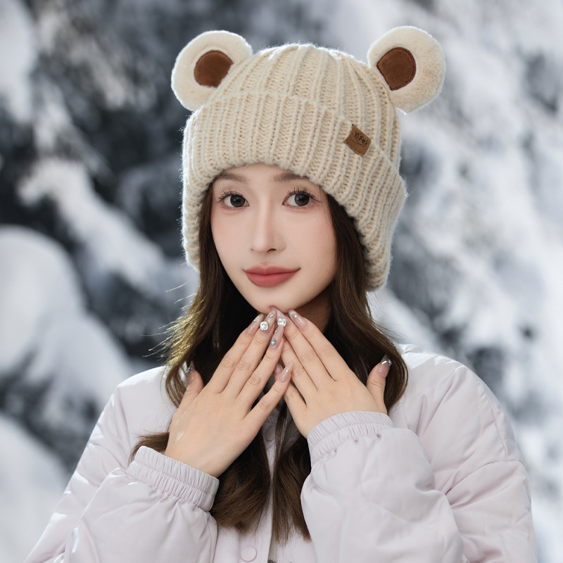 韩版秋冬季帽子女款大头围显脸小包头帽熊耳朵可爱百搭针织毛线帽|undefined