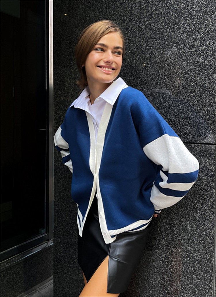 Cárdigan a la Moda con Bloques de Color, Suéter Holgado Informal para Otoño e Invierno, Ropa Femenina Transfronteriza 2024, Chaqueta de Suéter Tejido Simple a Rayas image 10