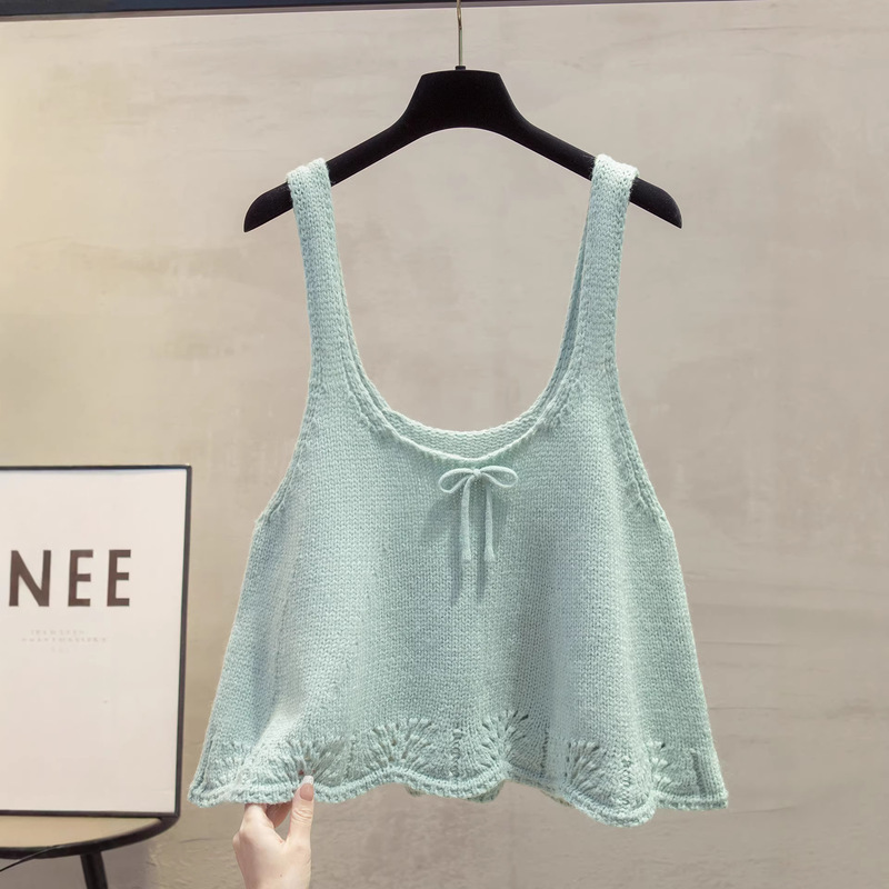 Sweet and Youthful Bow-Knot Knitted Camisole for Women, Spring and Summer Lace Hollow-Out Design, Short Sleeveless Layered Top