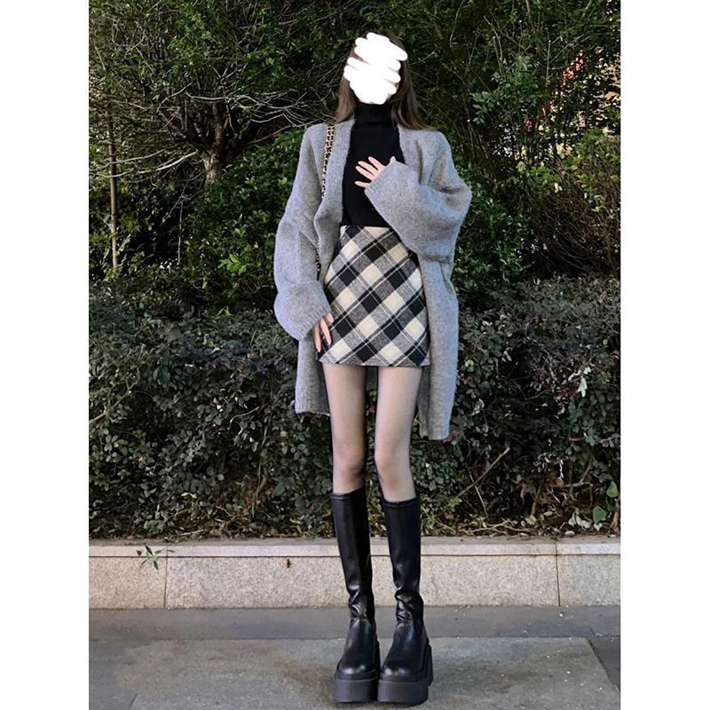 三件套装2025春秋季新款美拉德针织毛衣开衫外套+打底衫+半身裙女|undefined