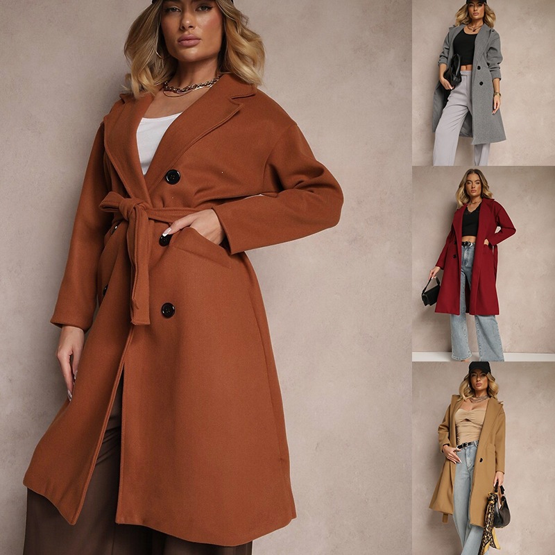Cross-border foreign trade European and American women's clothing Amazon 2026 autumn and winter fashion double-breasted woolen coat with real inner pockets