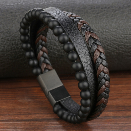 Cross-border new arrival: Natural Scrub Beads, Stainless Steel Leather Bracelet, Titanium Steel Men's Jewelry, Beaded Accessories—Elegant European & American Style