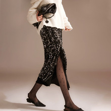 秋冬新款重工珠片丝绒底复古中长款半裙千金风气质通勤高腰包臀裙