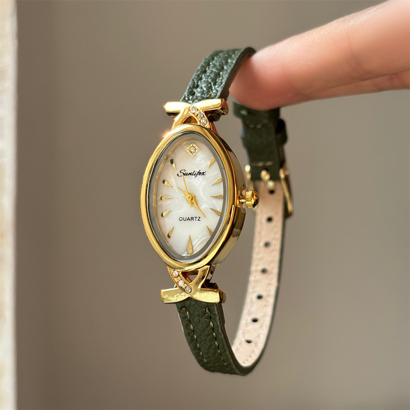 SUNLIFEX Oval Small Dial Women's Watch, Light Luxury Elegant Wristwatch, Mother-of-Pearl Dial, High-End Leather Strap Watch