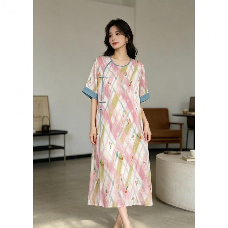 Summer New Style Cotton Silk New Chinese Style Long Improved Cheongsam Dress, Loose and Elegant, Suitable for Home Wear and Can Be Worn Outside Summer New Style Cotton Silk New Chinese Style Long Improved Cheongsam Dress, Loose and Elegant, Suitable for Home Wear and Can Be Worn Outside