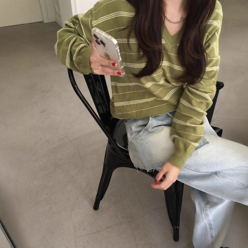 韩国chic2025秋季新款韩版百搭简约V领条纹针织衫长袖上衣女|undefined